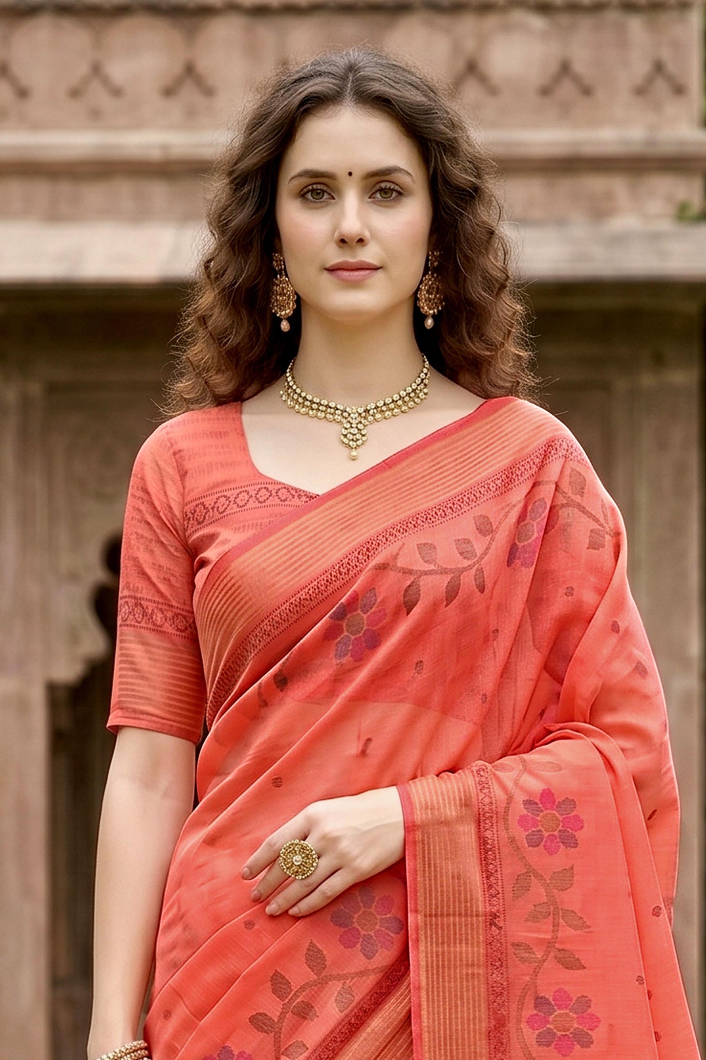Sangam Prints Coral Orange Cotton Print Woven Work Traditional Saree