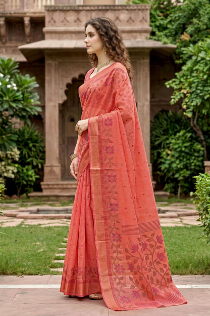 Sangam Prints Coral Orange Cotton Print Woven Work Traditional Saree