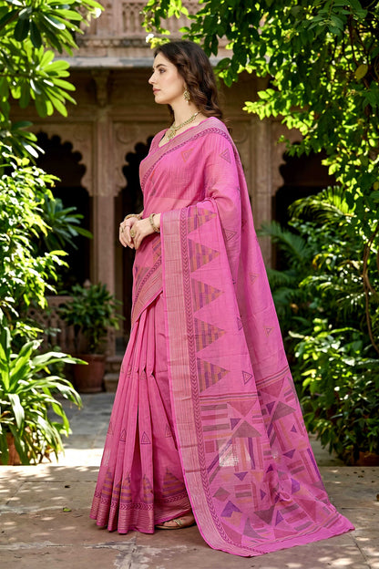 Sangam Prints Rani Pink Cotton Print Woven Work Traditional Saree