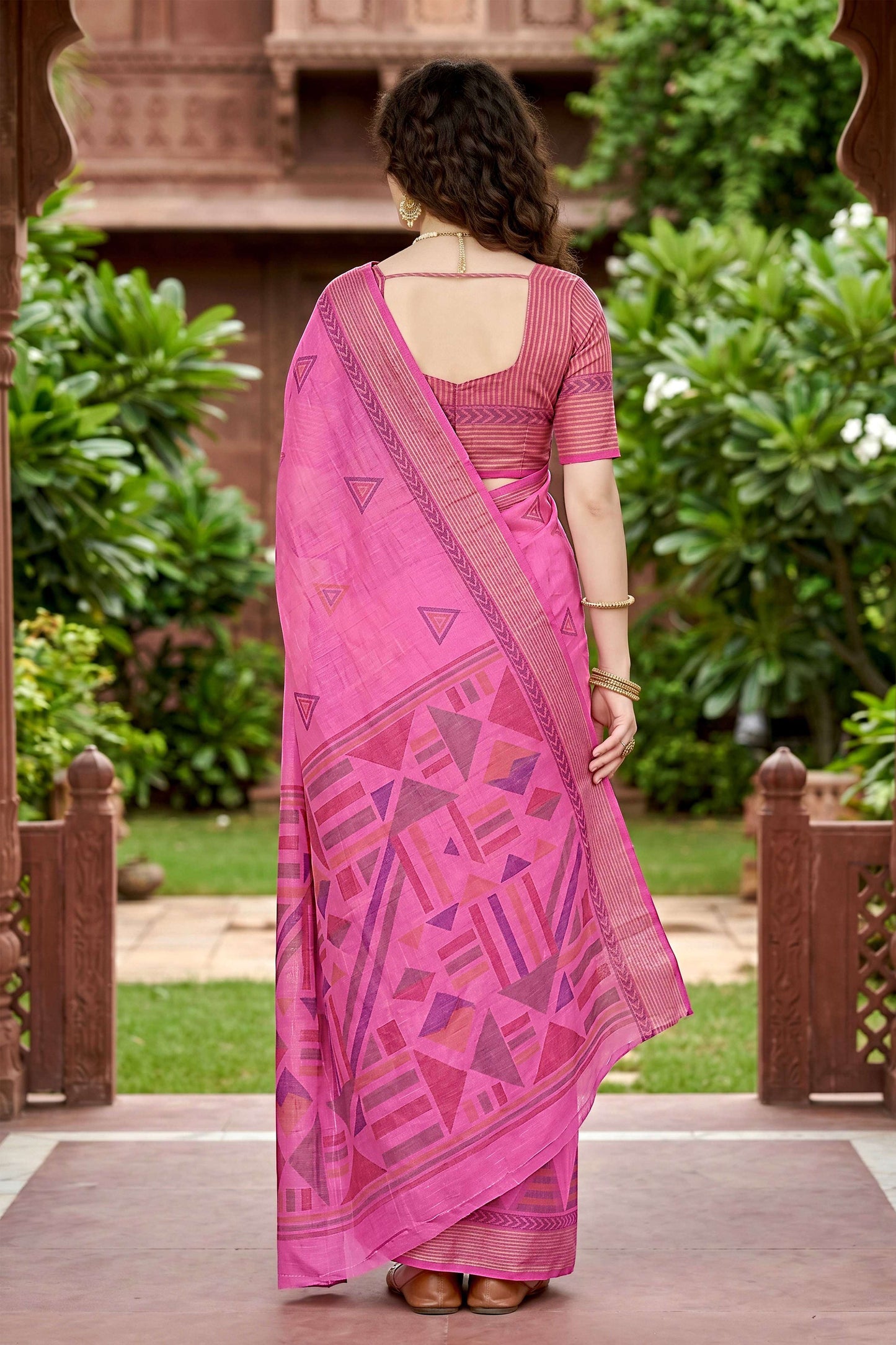 Sangam Prints Rani Pink Cotton Print Woven Work Traditional Saree