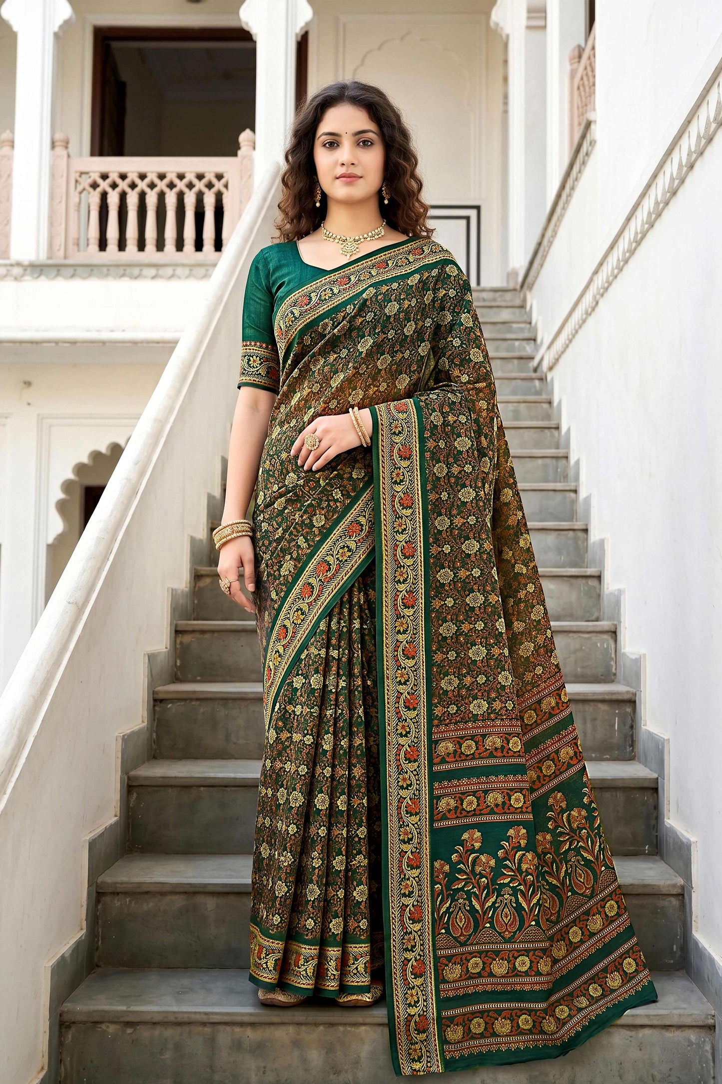 Sangam Prints Dark Green Cotton Print Woven Work Traditional Saree