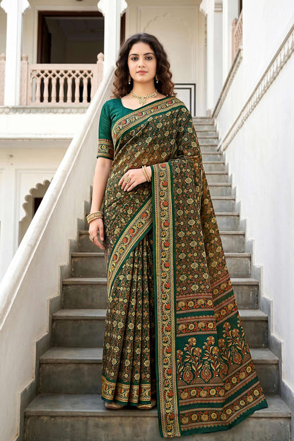 Sangam Prints Dark Green Cotton Print Woven Work Traditional Saree