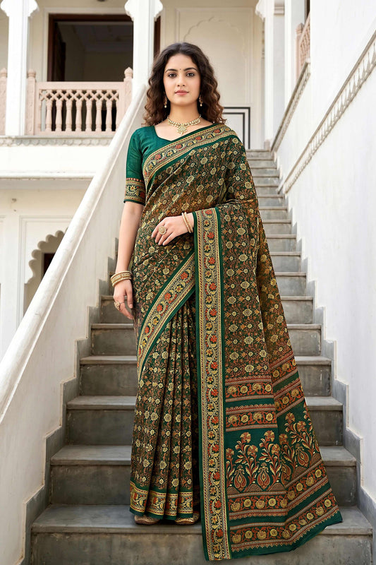 Sangam Prints Dark Green Cotton Print Woven Work Traditional Saree