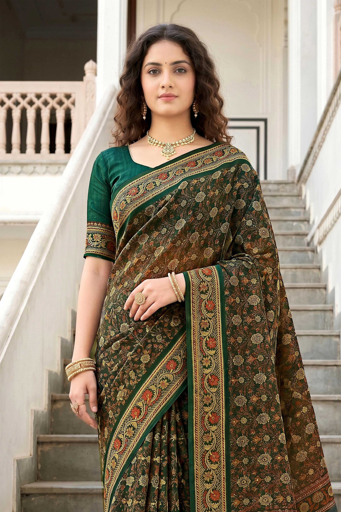 Sangam Prints Dark Green Cotton Print Woven Work Traditional Saree