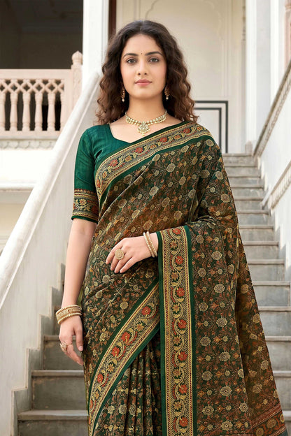 Sangam Prints Dark Green Cotton Print Woven Work Traditional Saree