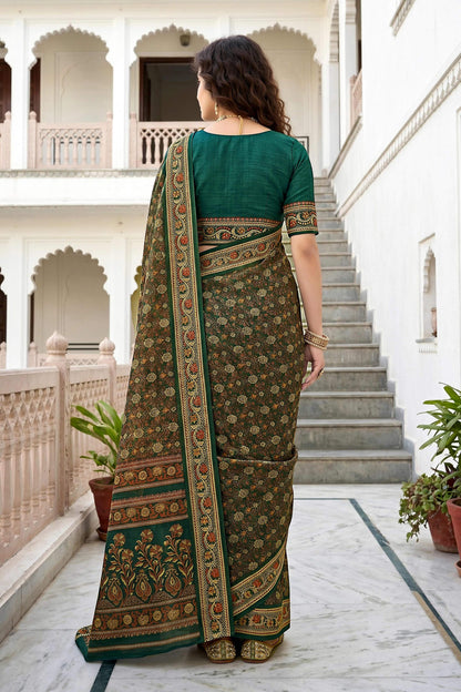 Sangam Prints Dark Green Cotton Print Woven Work Traditional Saree
