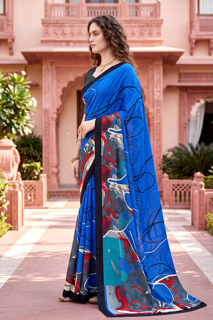 Sangam Prints Blue Cotton Print Woven Work Traditional Saree