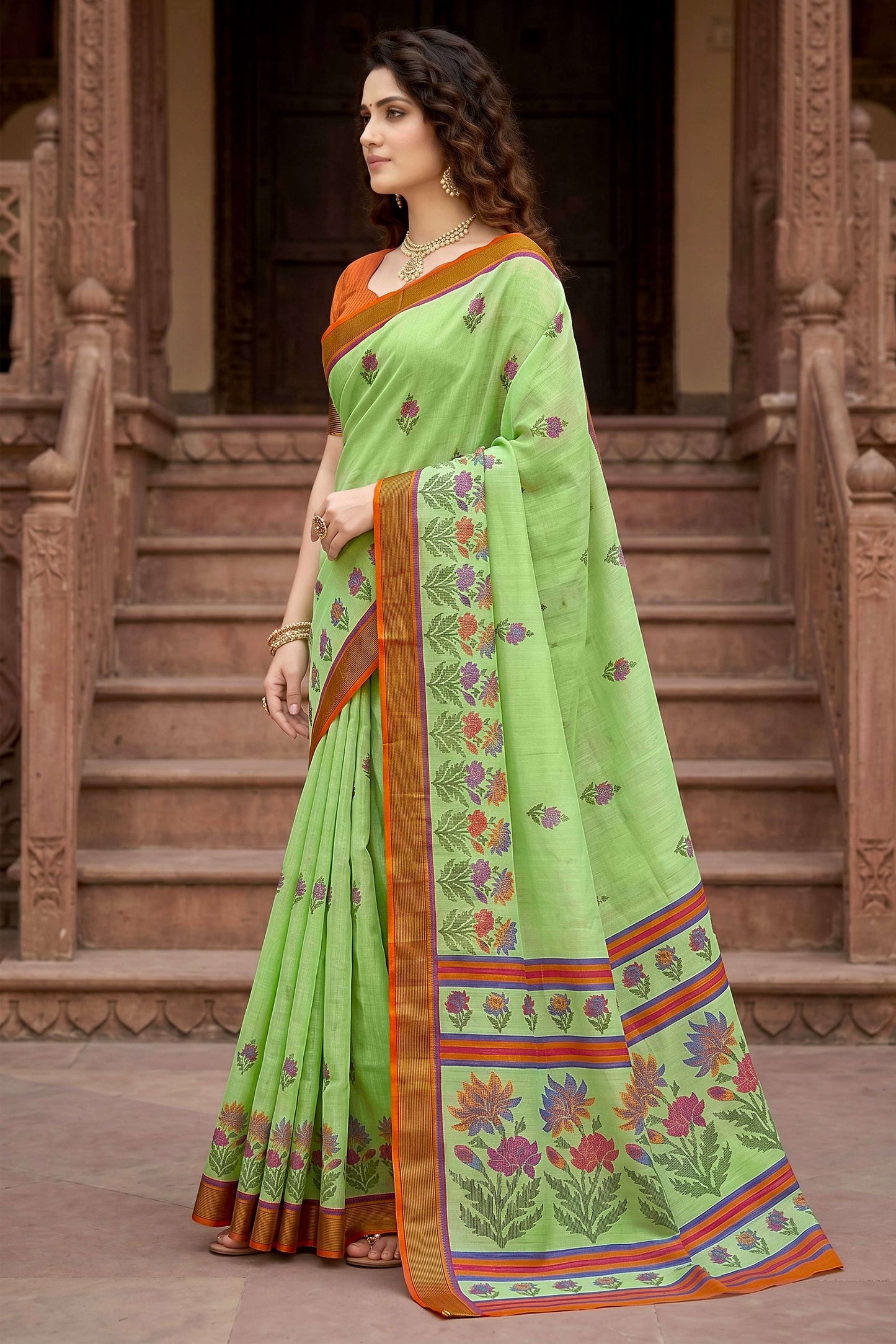 Sangam Prints Parrot Green Cotton Print Woven Work Traditional Saree
