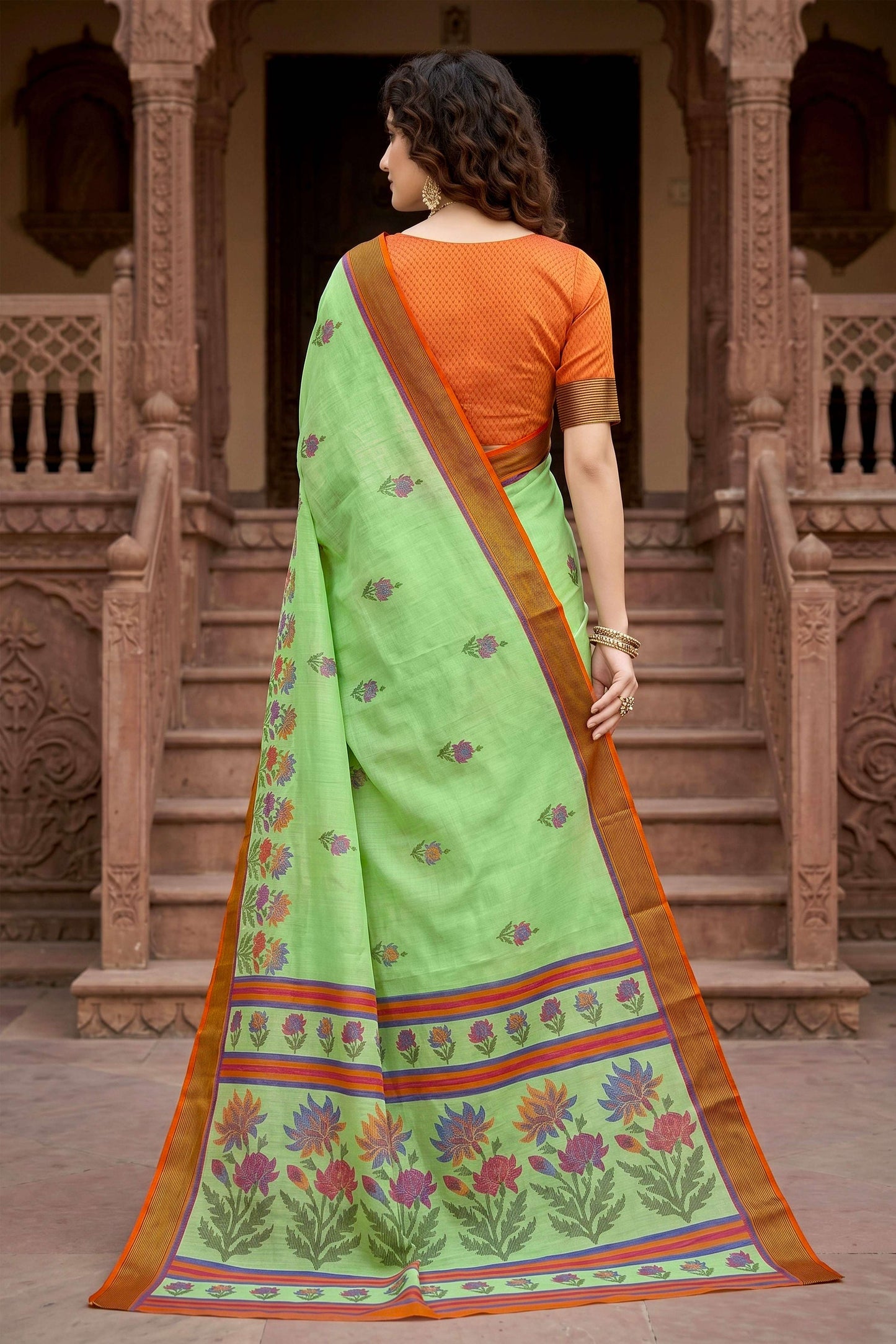 Sangam Prints Parrot Green Cotton Print Woven Work Traditional Saree