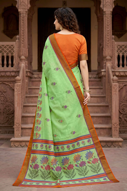 Sangam Prints Parrot Green Cotton Print Woven Work Traditional Saree