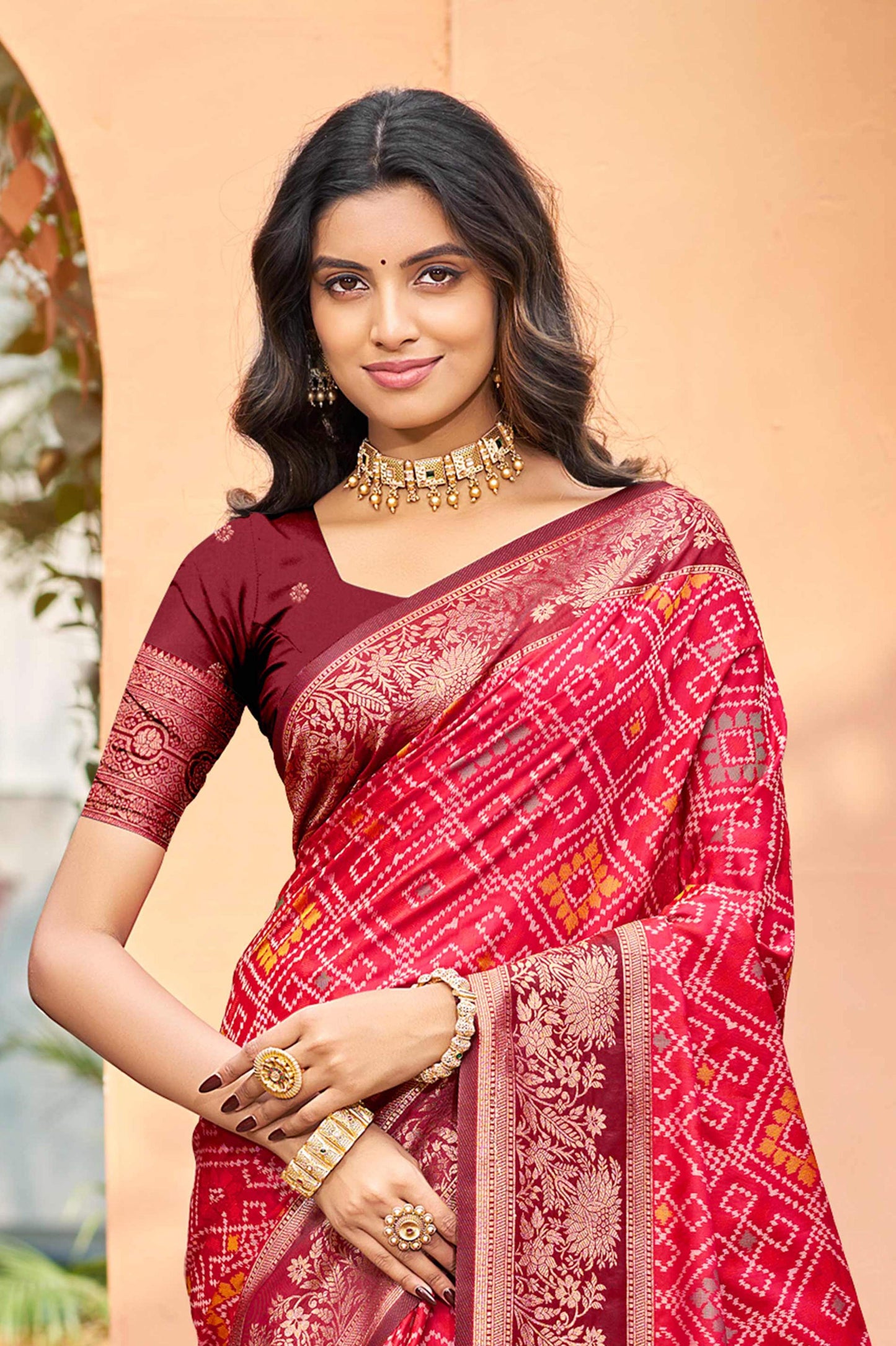 Sangam Prints Bright Red Soft Silk Woven Work Traditional Saree