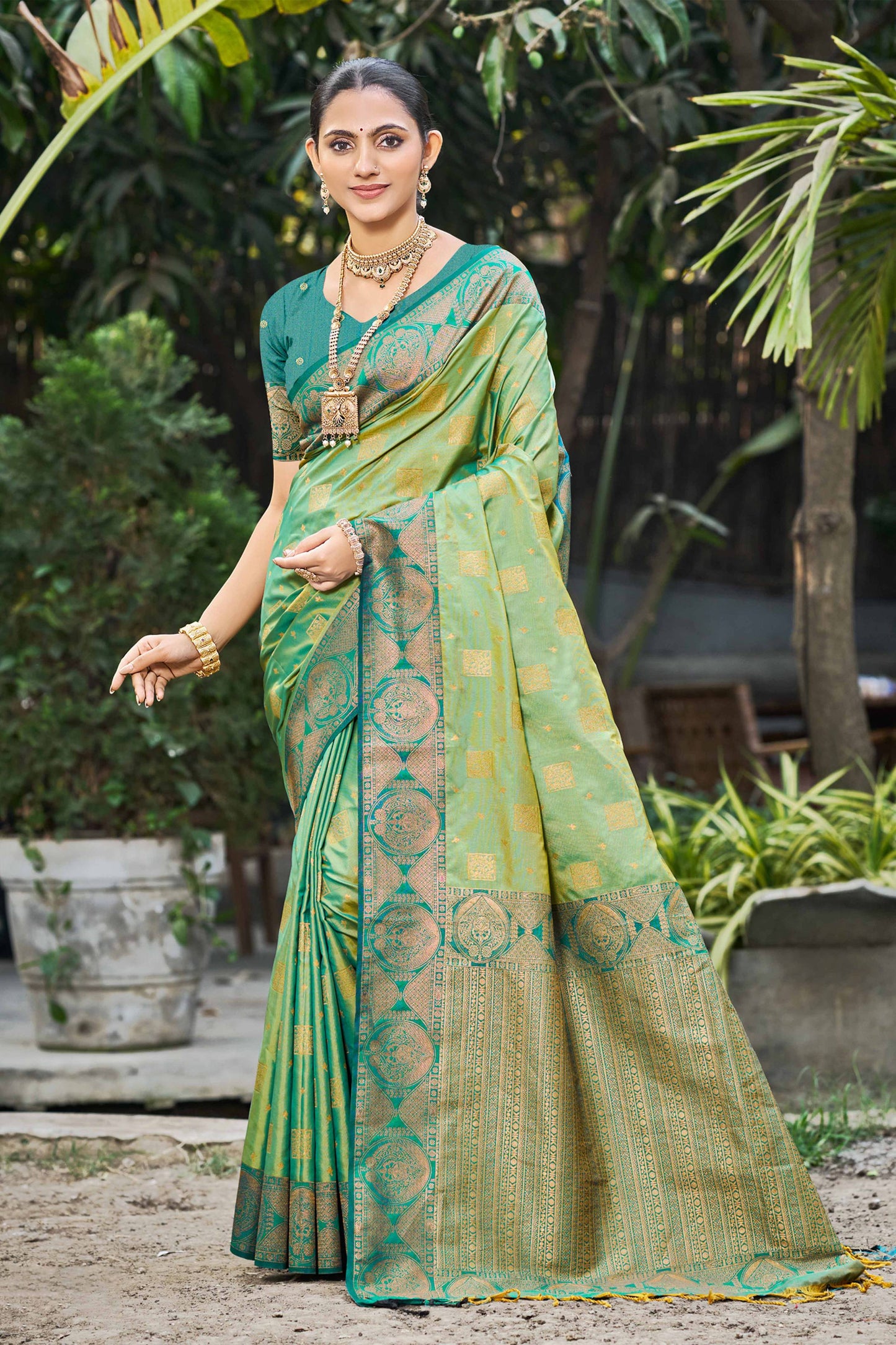Sangam Prints Light Pista Green Soft Silk Woven Work Traditional Saree