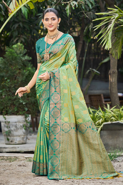 Sangam Prints Light Pista Green Soft Silk Woven Work Traditional Saree