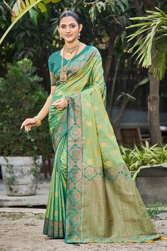 Sangam Prints Light Pista Green Soft Silk Woven Work Traditional Saree