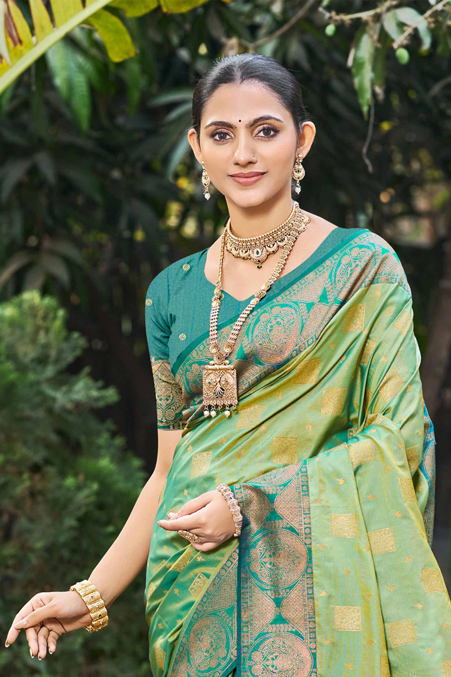 Sangam Prints Light Pista Green Soft Silk Woven Work Traditional Saree