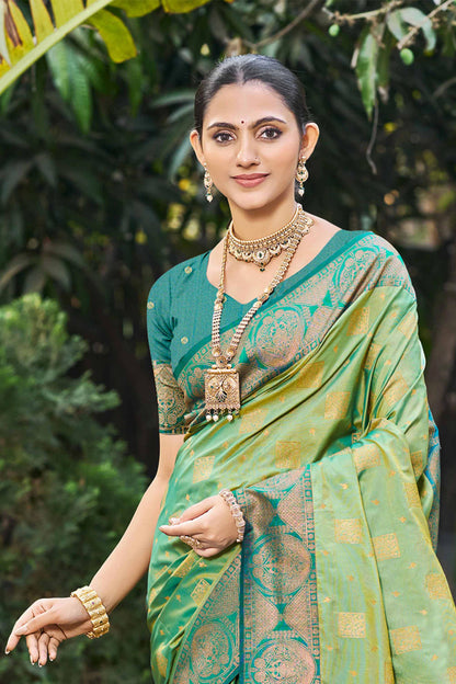 Sangam Prints Light Pista Green Soft Silk Woven Work Traditional Saree