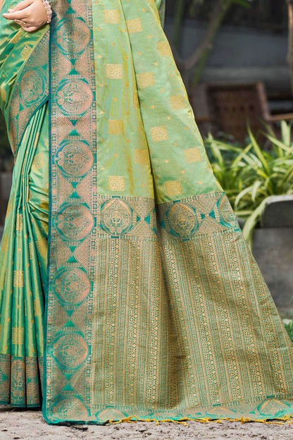 Sangam Prints Light Pista Green Soft Silk Woven Work Traditional Saree