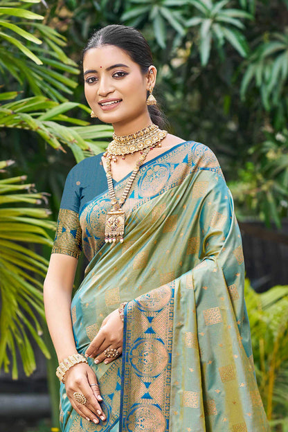 Sangam Prints Sage Green Soft Silk Woven Work Traditional Saree