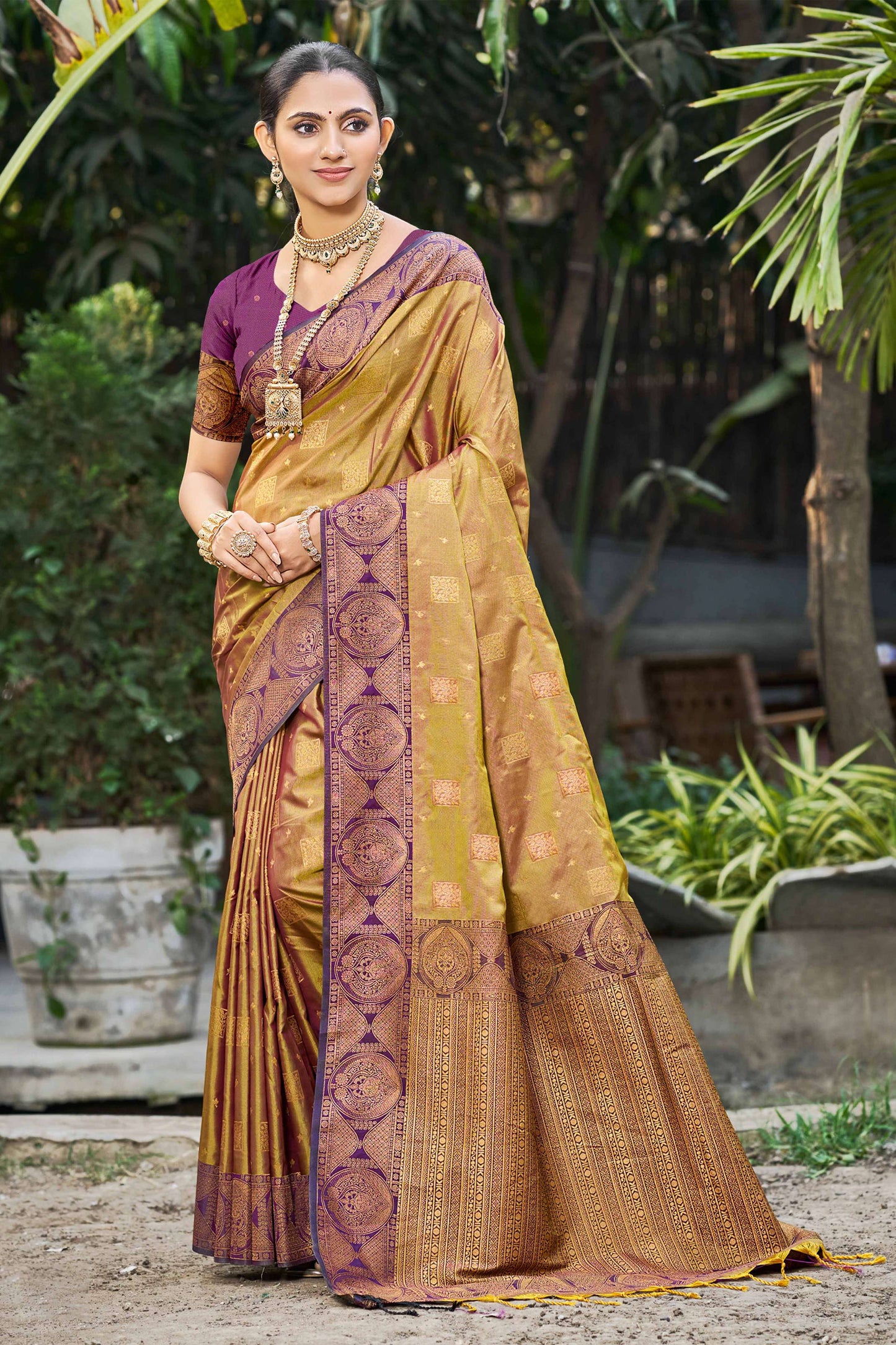 Sangam Prints Golden Mustard Soft Silk Woven Work Traditional Saree