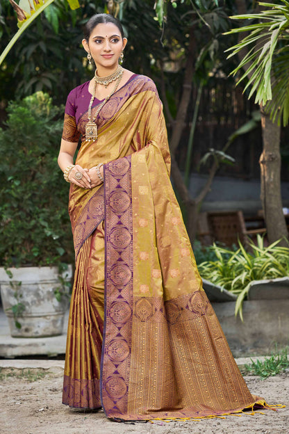Sangam Prints Golden Mustard Soft Silk Woven Work Traditional Saree