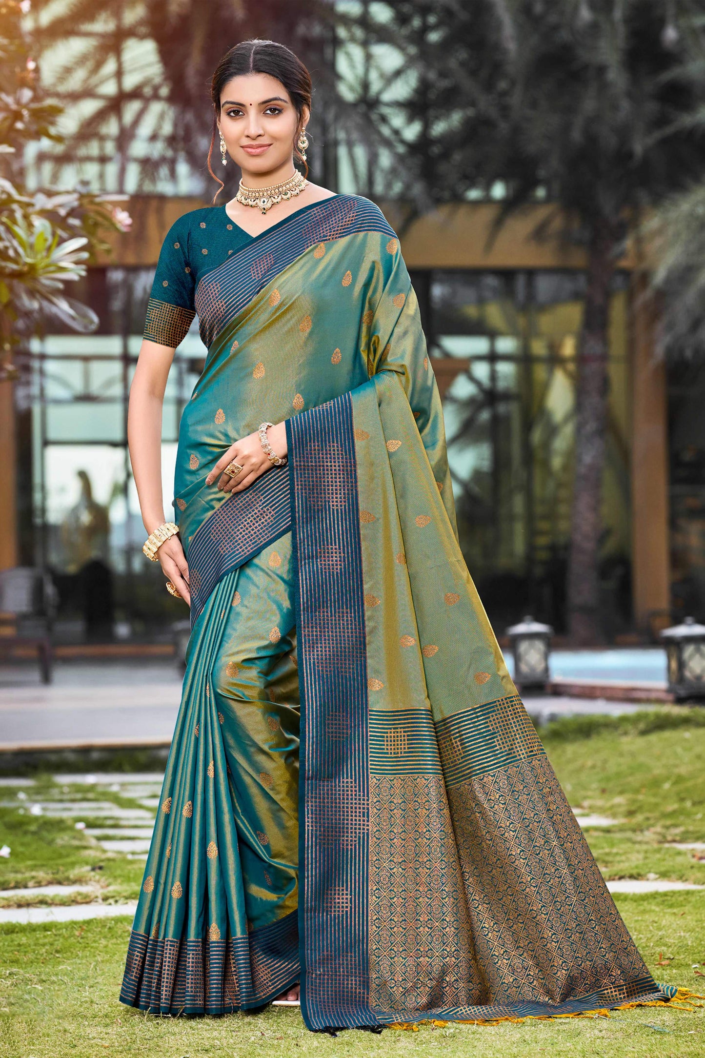 Sangam Prints Peacock Green Soft Silk Woven Work Traditional Saree