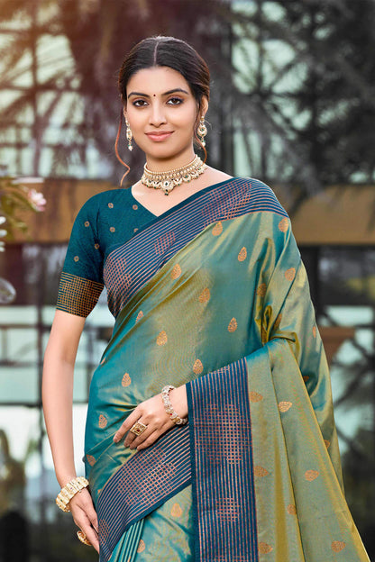 Sangam Prints Peacock Green Soft Silk Woven Work Traditional Saree