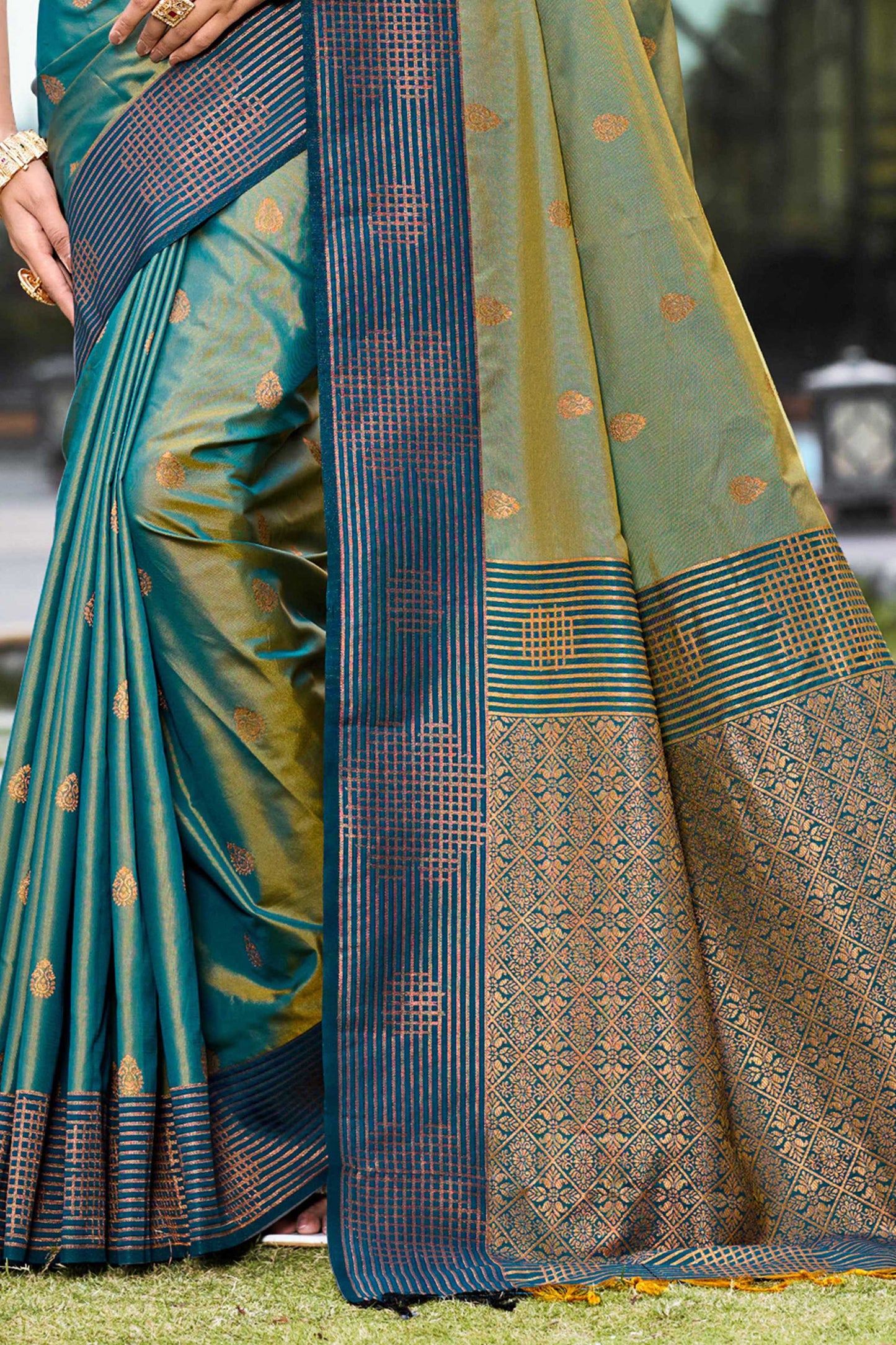 Sangam Prints Peacock Green Soft Silk Woven Work Traditional Saree