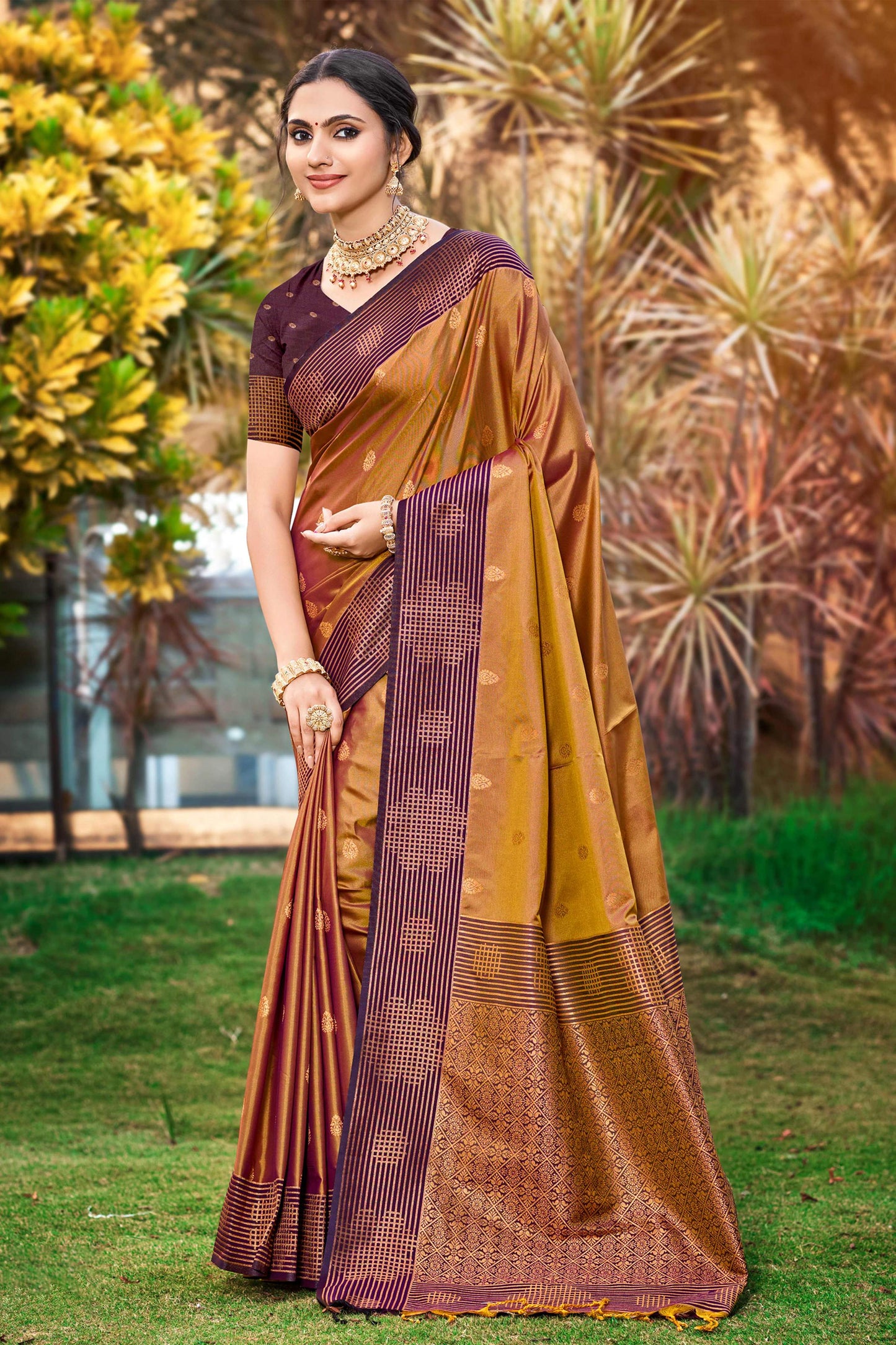 Sangam Prints Golden Brown Soft Silk Woven Work Traditional Saree