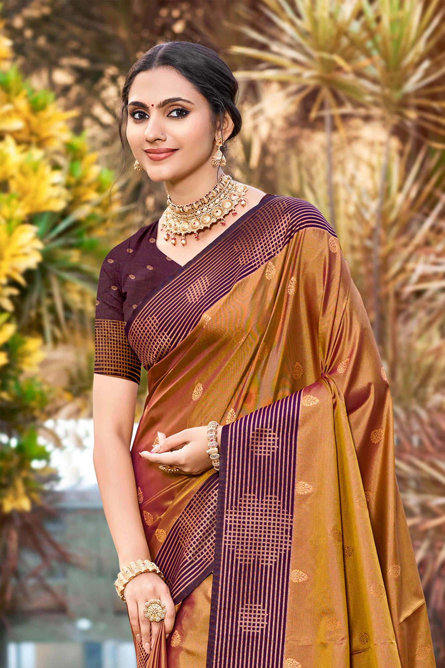 Sangam Prints Golden Brown Soft Silk Woven Work Traditional Saree