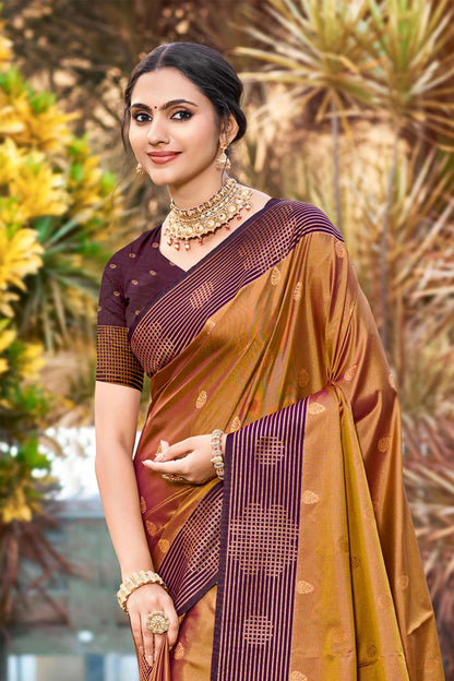Sangam Prints Golden Brown Soft Silk Woven Work Traditional Saree