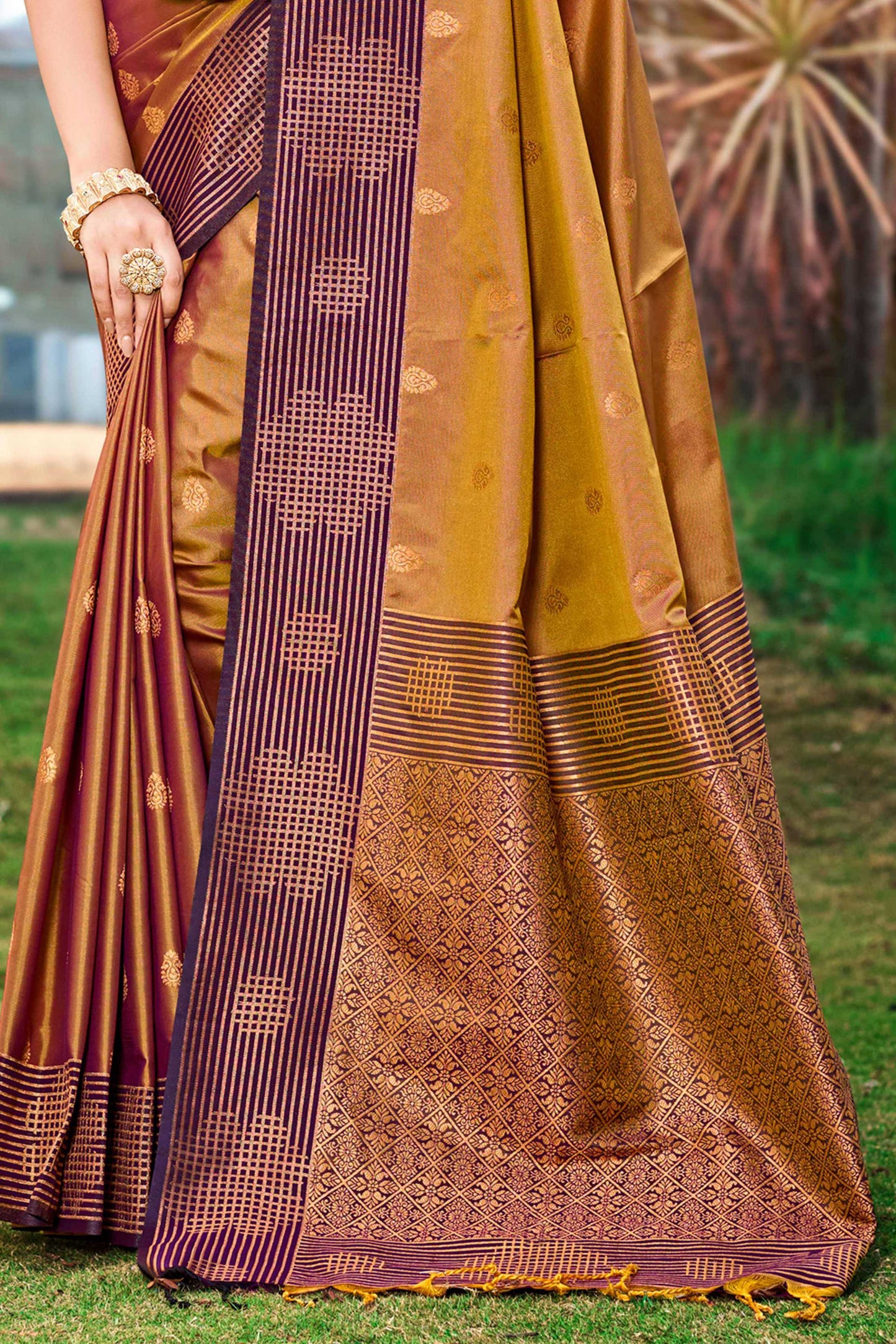 Sangam Prints Golden Brown Soft Silk Woven Work Traditional Saree