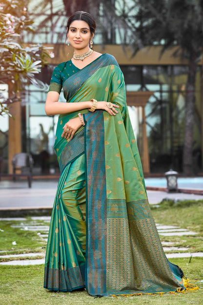 Sangam Prints Mehendi Green Soft Silk Woven Work Traditional Saree