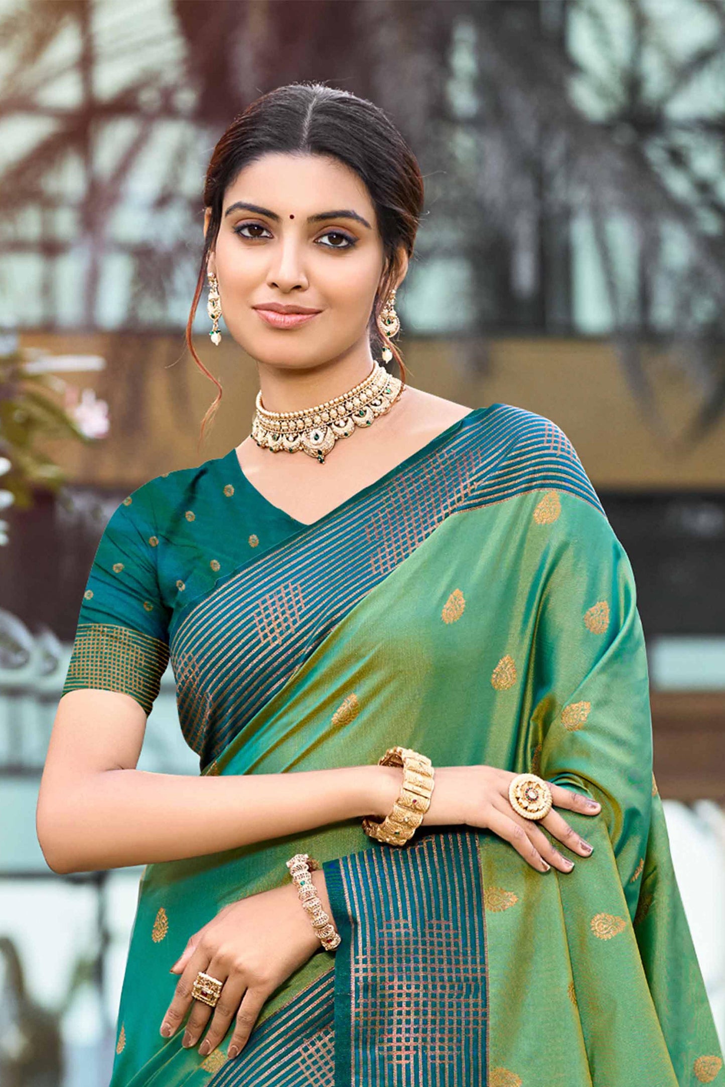 Sangam Prints Mehendi Green Soft Silk Woven Work Traditional Saree