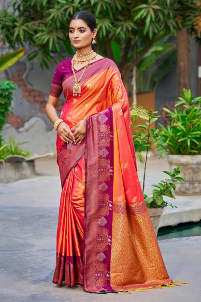 Sangam Prints Coral Orange Soft Silk Woven Work Traditional Saree