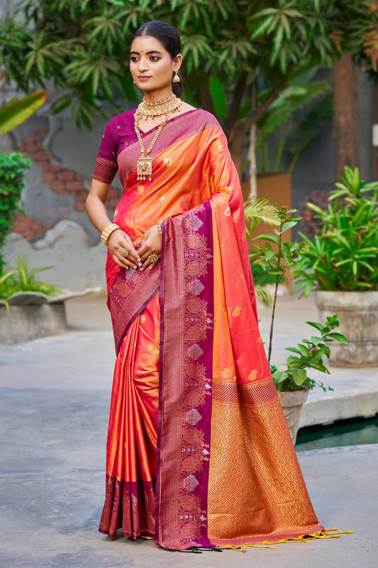 Sangam Prints Coral Orange Soft Silk Woven Work Traditional Saree