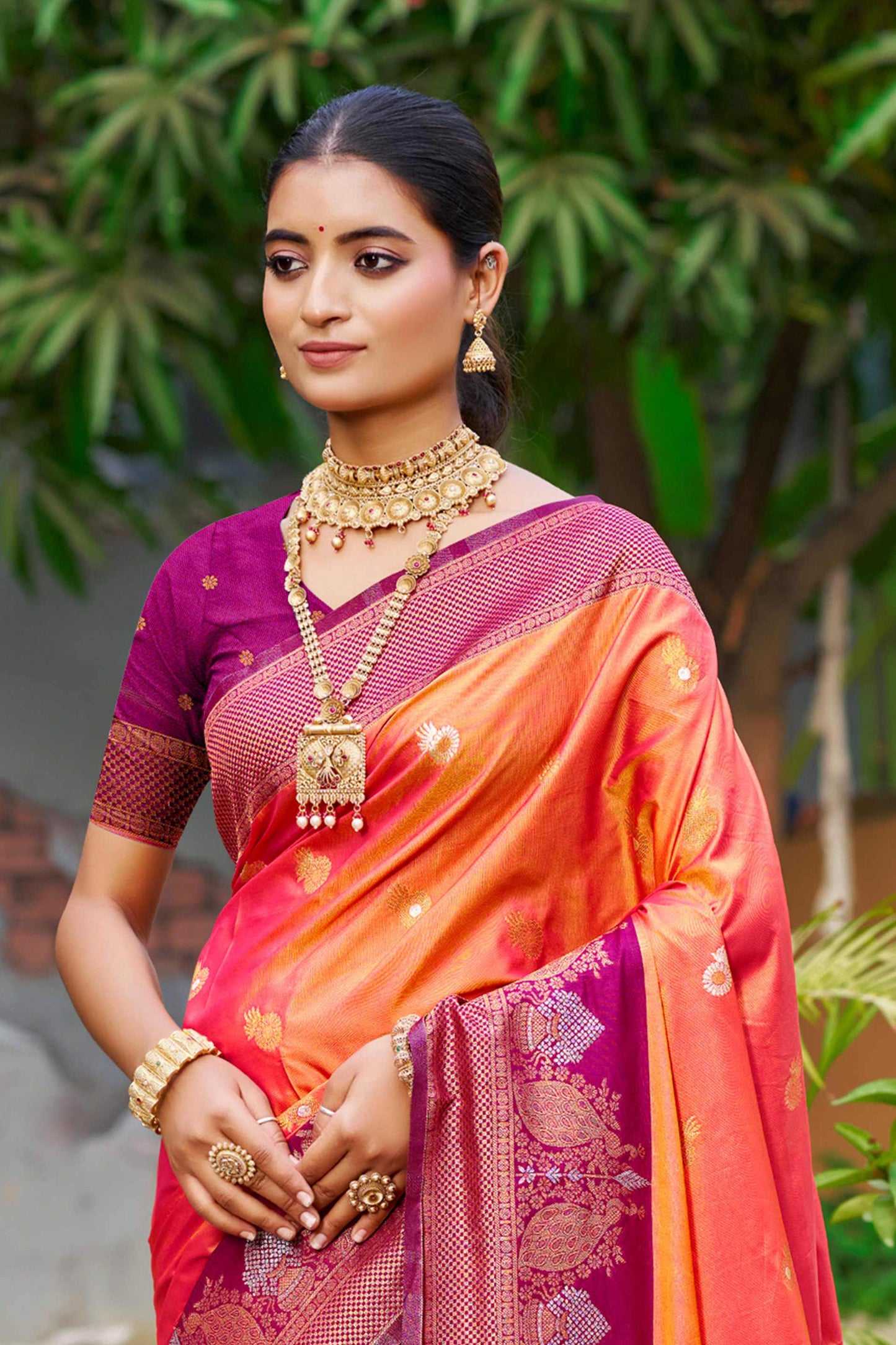 Sangam Prints Coral Orange Soft Silk Woven Work Traditional Saree