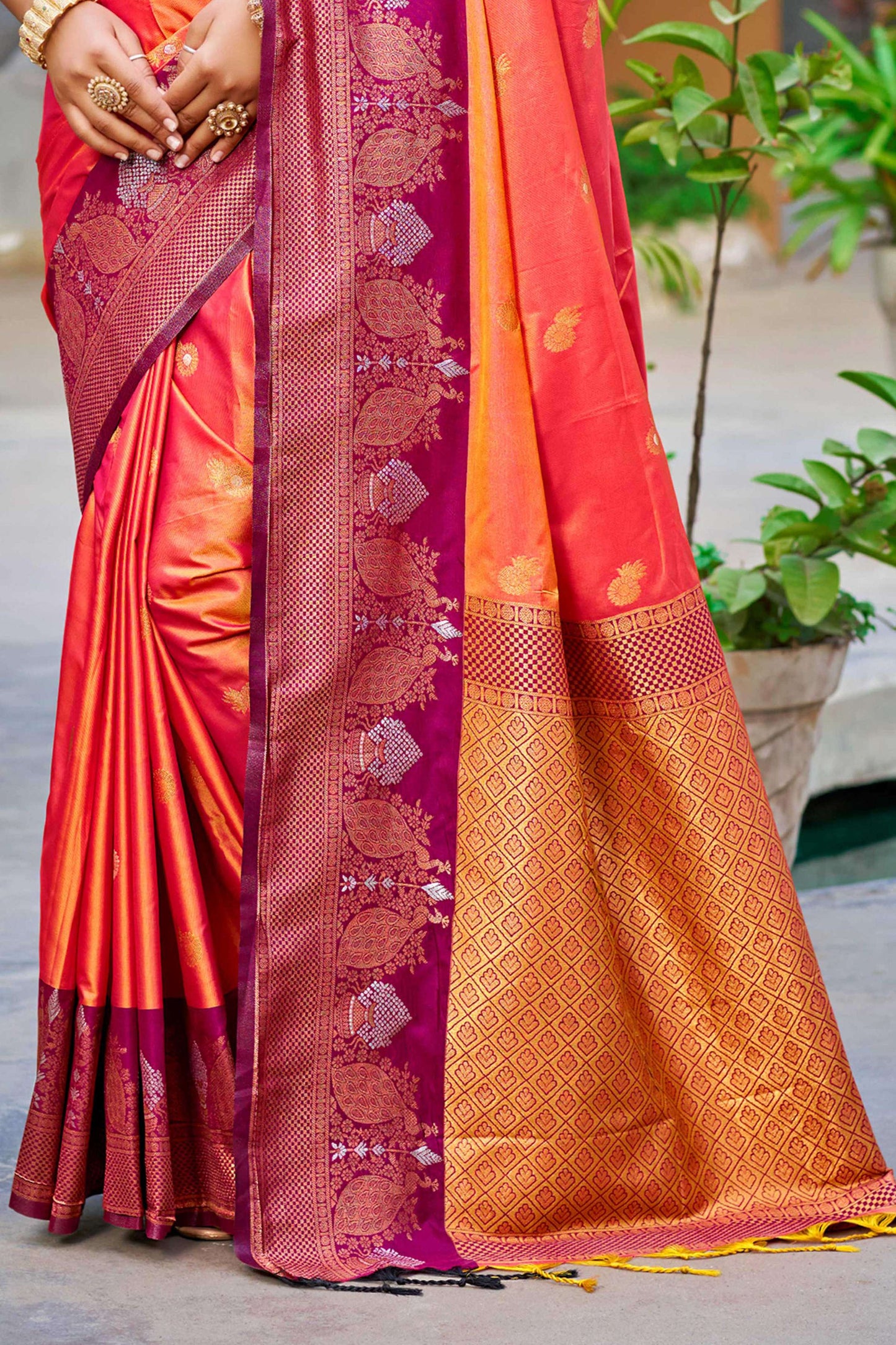 Sangam Prints Coral Orange Soft Silk Woven Work Traditional Saree