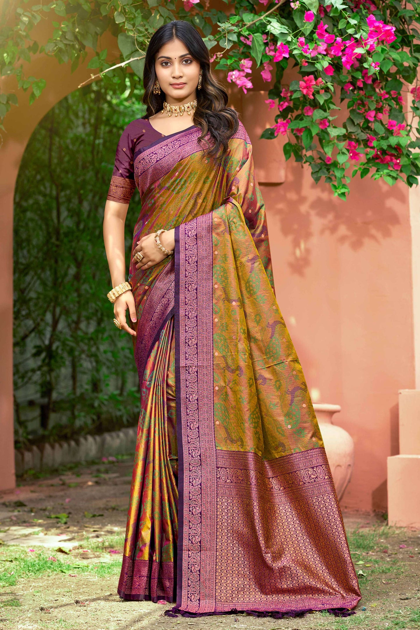 Sangam Prints Mustard Green Soft Silk Woven Work Traditional Saree