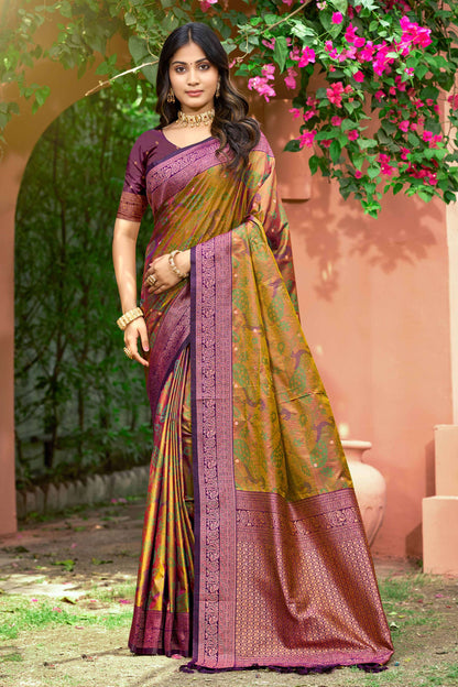 Sangam Prints Mustard Green Soft Silk Woven Work Traditional Saree