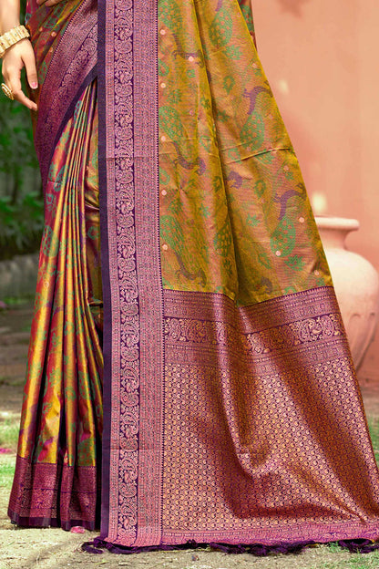 Sangam Prints Mustard Green Soft Silk Woven Work Traditional Saree