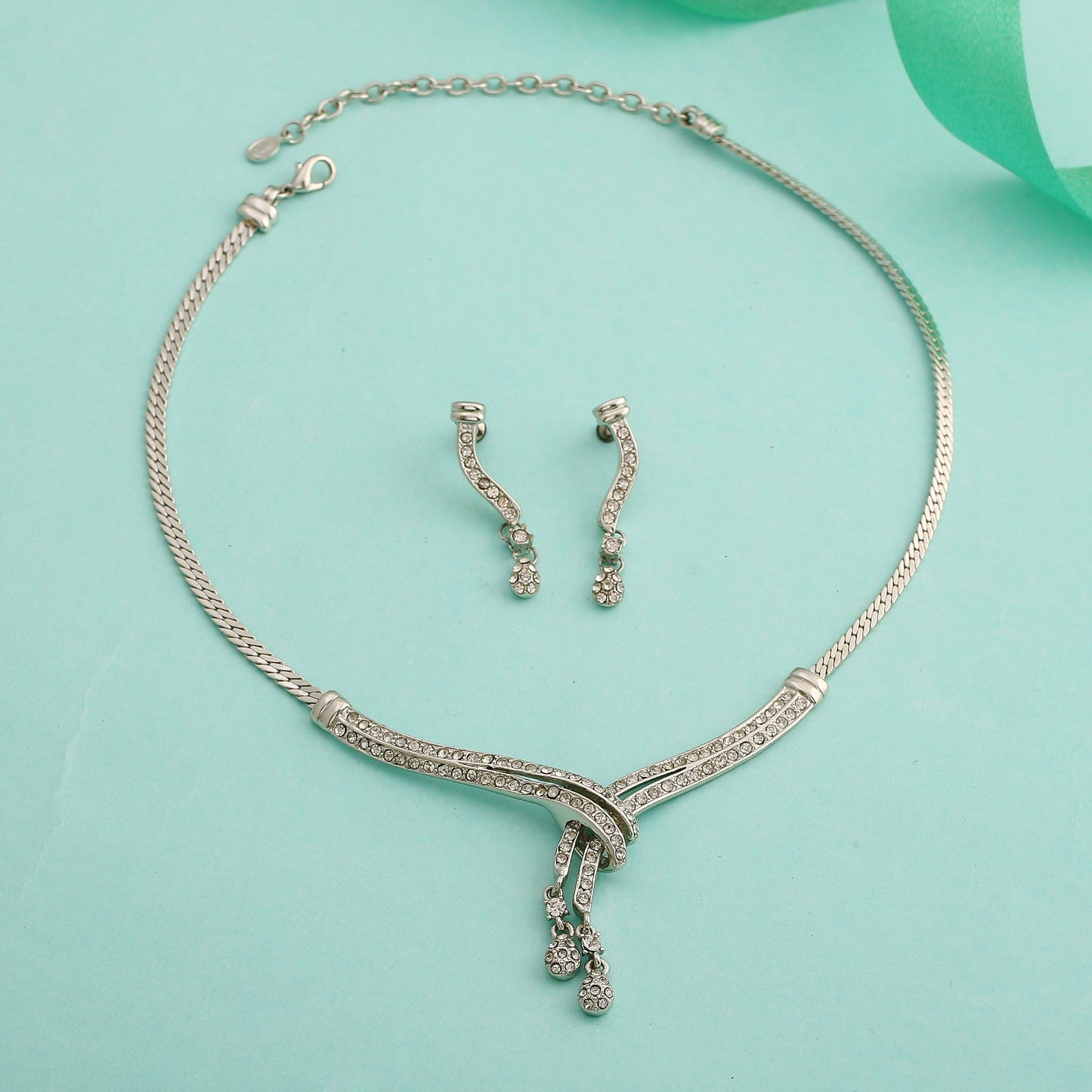 Estele Rhodium Plated Classic Medley Necklace Set with Crystals for Women