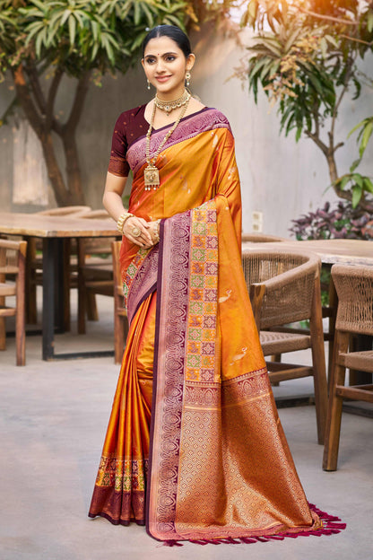 Sangam Prints Mustard Orange Soft Silk Woven Work Traditional Saree