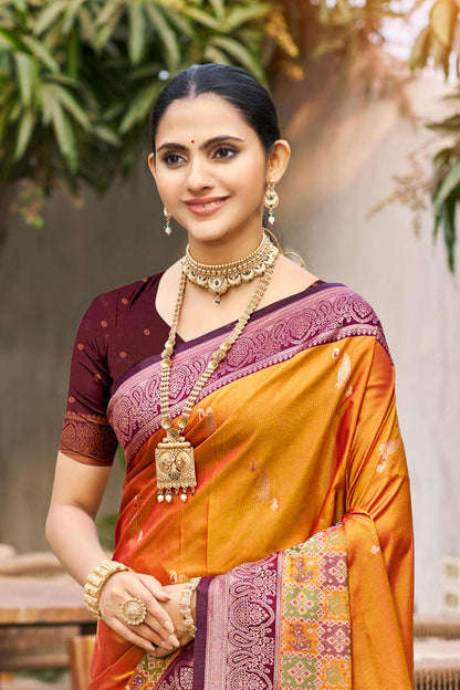 Sangam Prints Mustard Orange Soft Silk Woven Work Traditional Saree