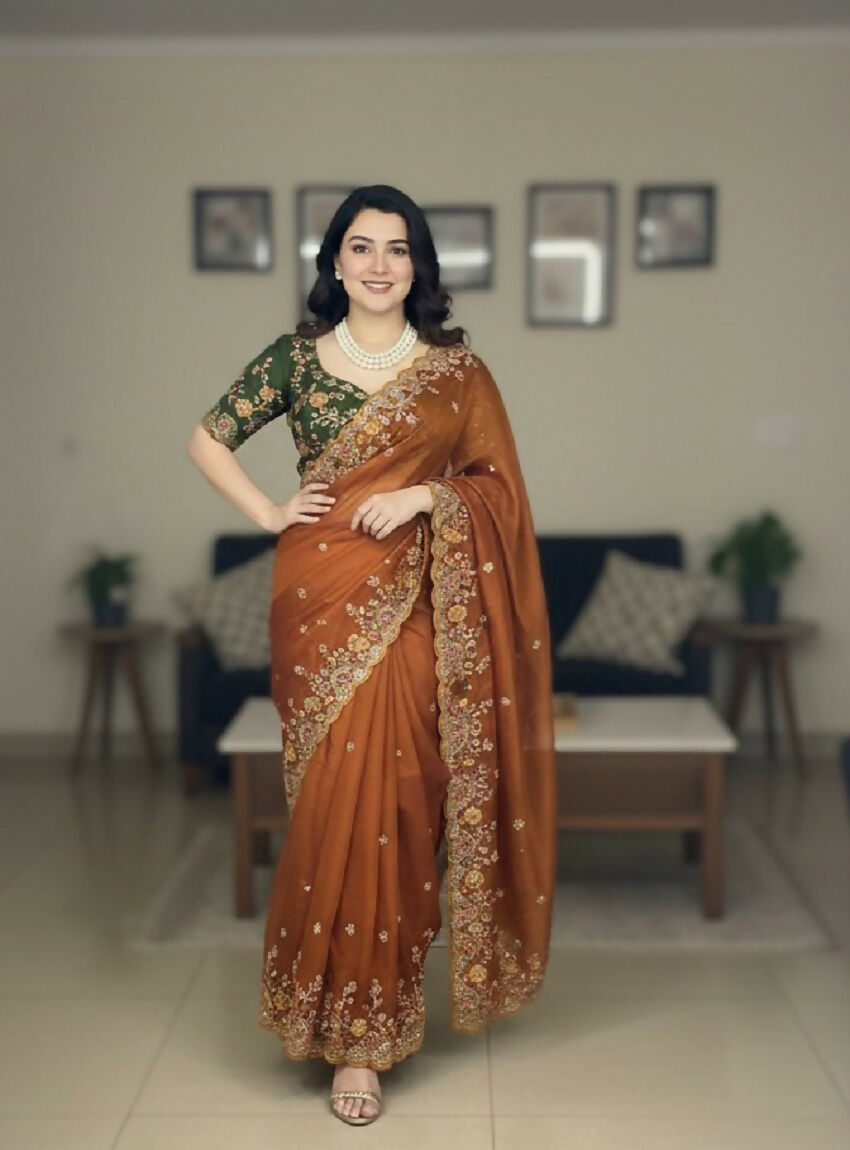 Teeya Creation New Trendy Stylish Party Wear Silk Saree-Orange