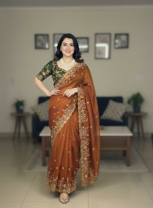 Teeya Creation New Trendy Stylish Party Wear Silk Saree-Orange
