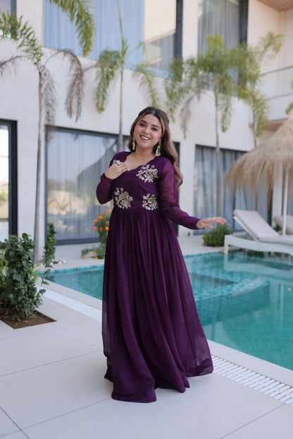 Teeya Creation Womens New Trending Silver Crunchy With Beads Embroidery-Work Gown Set