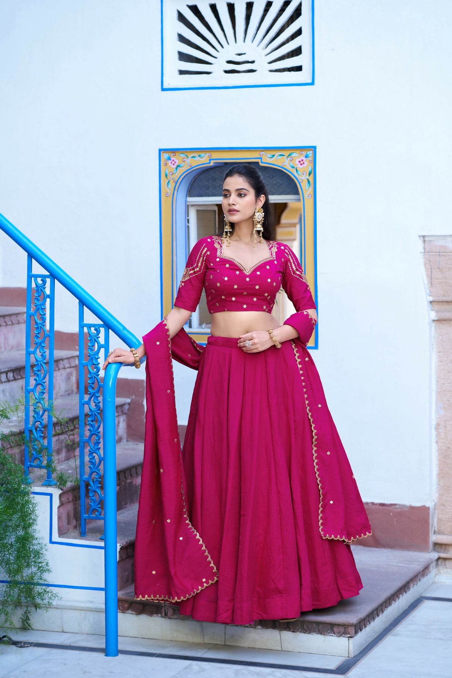 Lorenvalley Fashion Ranipink NC Silk Plain Lehenga Embroidery Work Choli with Dupatta