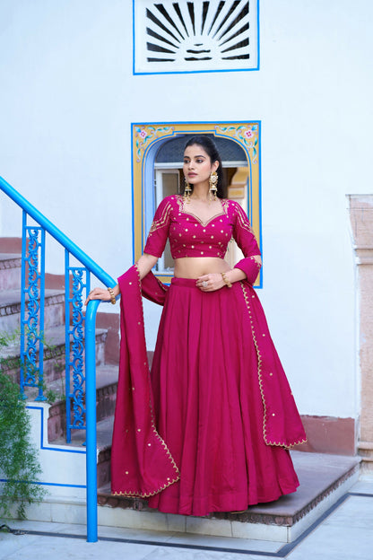 Lorenvalley Fashion Ranipink NC Silk Plain Lehenga Embroidery Work Choli with Dupatta