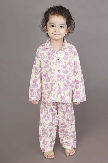 Breathables Kids Cotton Night Suit  White & Pink Teddy Shirt & Pyjama Co-Ord Set For Boys & Girls