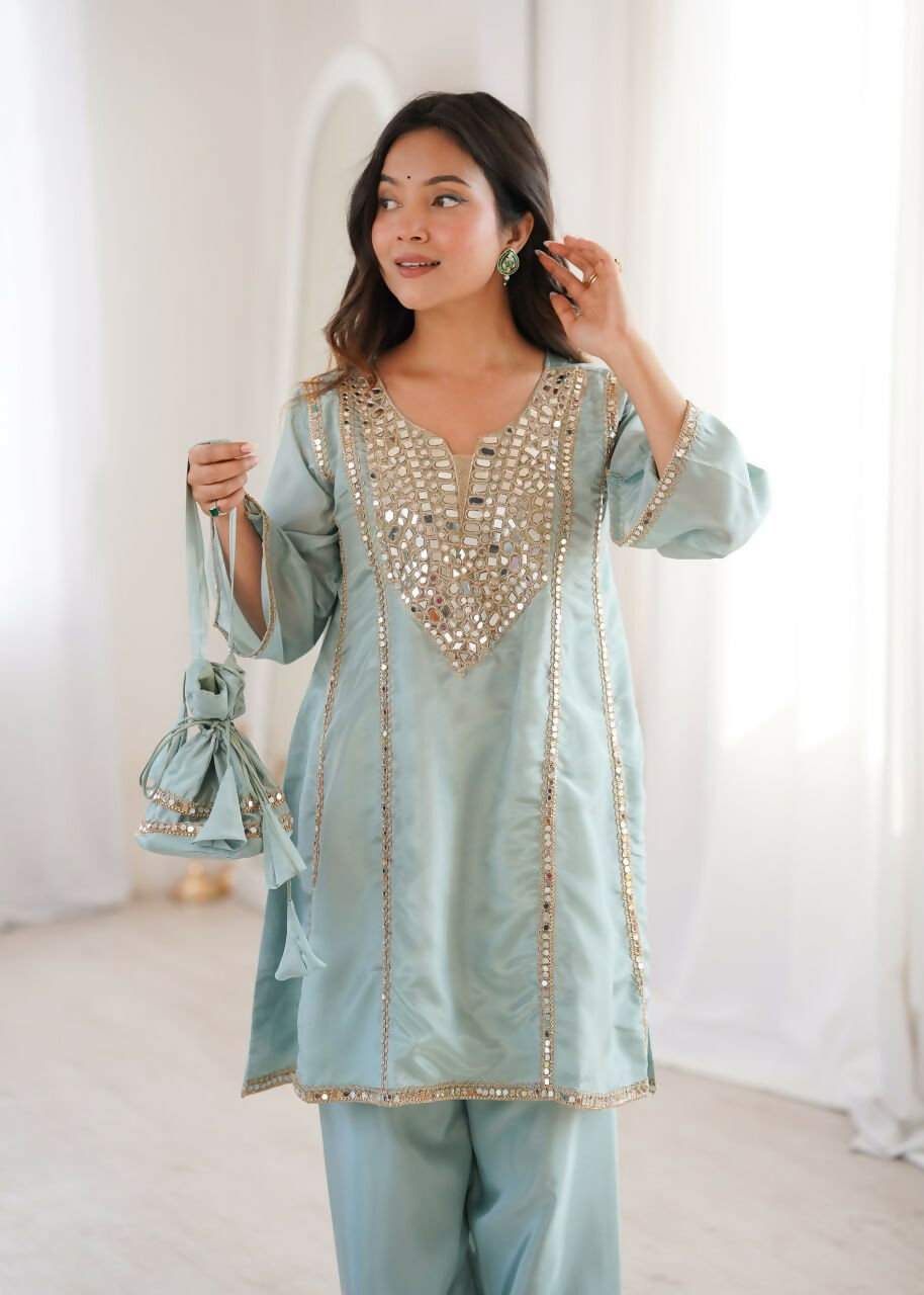 Teeya Creation Womens New Wedding Wear Sky Color With Mirror & Lace Work Kurta Pant Set